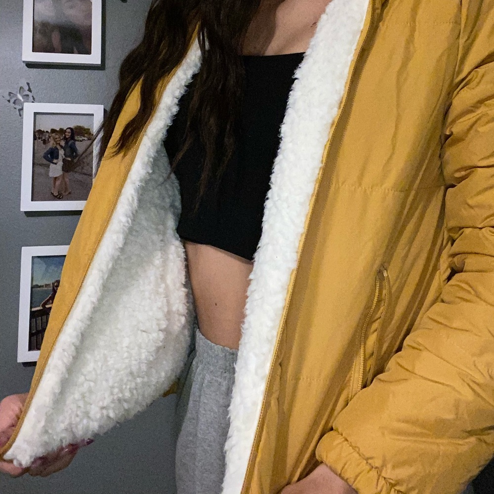 yellow fuzzy puffer jacket